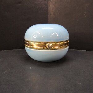 Jewelry Trinket Box Blue Ceramic Macaroon Style Gold Tone Rim and Clasp 2.5X3.5"